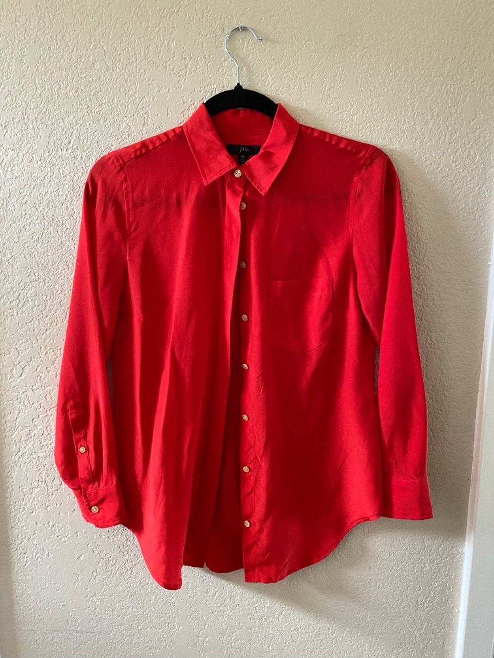 J. Crew Bright Red Long-Sleeve Button-Up Silk Shirt Size 0P